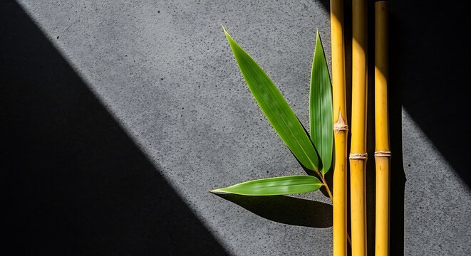 Bamboo stalks and leaves against a dark gray backdrop with a beam of sunlight