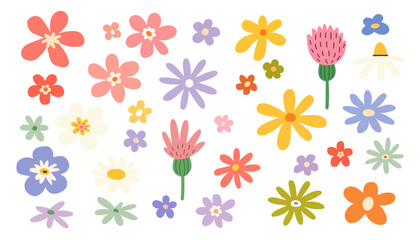 Spring flower vector set in hand drawn groovy style, colorful floral elements collection with retro doodle wildflowers for stickers, greeting cards and decorative design. Wildflowers collection. © Palash
