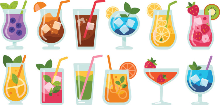 Large collection of colorful summer cocktail and mocktail vector illustrations with tropical fruits ice cubes and straws for bar menu beach party designs