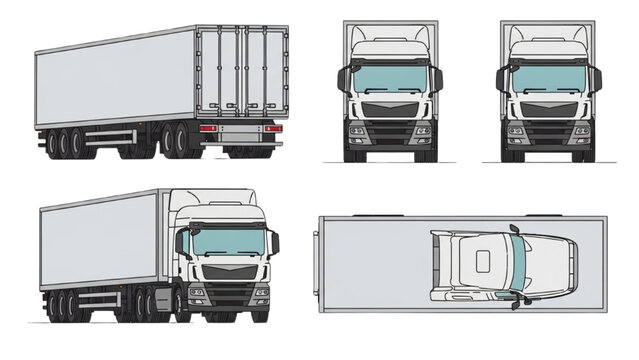 Vector CAD designs of a semi-truck in various views including side front and top perspectives