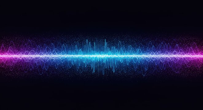 Abstract blue and purple sound wave equalizer moving across a dark digital space, perfect for audio technology and music branding, digital, technology, measurement