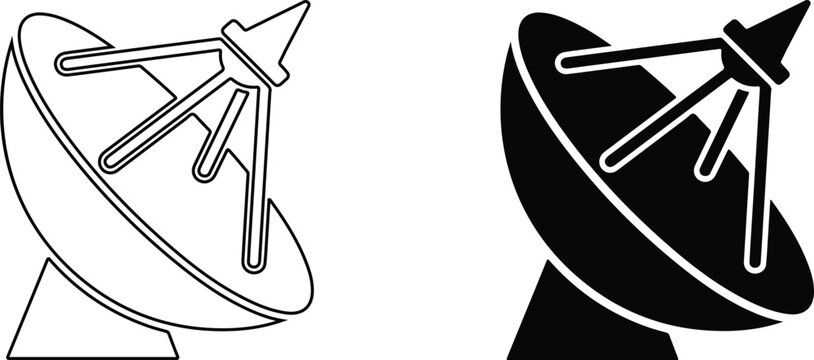 Satellite dish outline and silhouette icon with dish antenna radio telescope flat design communication technology receiver