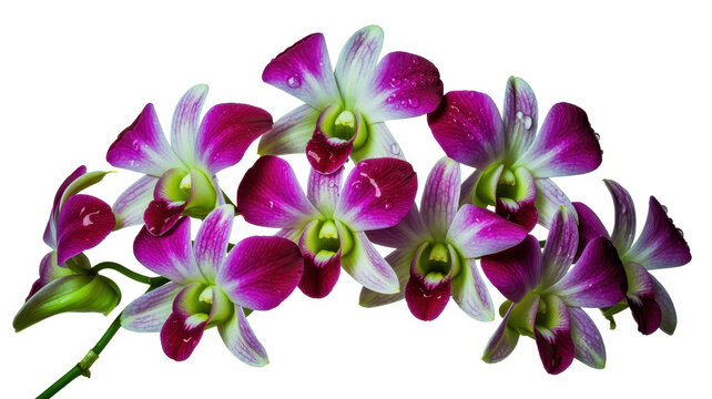 A branch of purple and white dendrobium orchids with water droplets on the petals