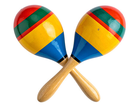 Two colorful, wooden maracas crossed against a white background