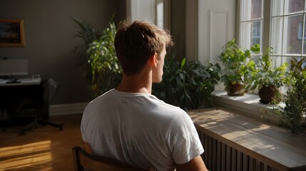 Fototapeta premium A side view of a person sitting near a window filled with natural light and lush indoor plants evoking a feeling of peaceful contemplation