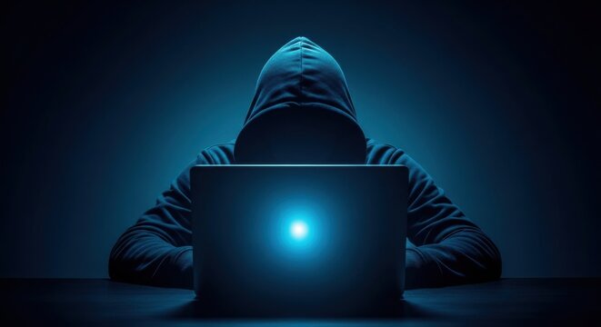 Anonymous hacker in black hoodie using laptop in dark room, cyber crime and data breach concept, mysterious hooded man with glowing computer screen