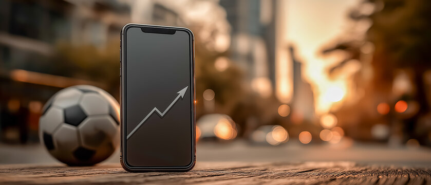 サッカー選手の市場価値向上や成績アップを象徴する矢印とスマホ