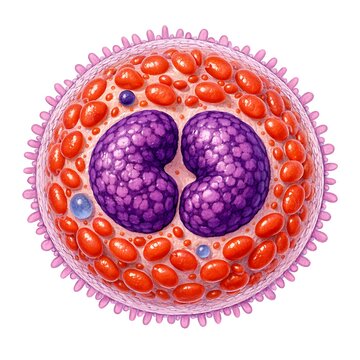 Microscopic 3D Illustration of an Eosinophil White Blood Cell with Bilobed Nucleus and Cytoplasmic Granules on White Background