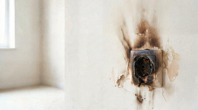 Burnt and melted electrical outlet on a white wall. Black soot and scorch marks from a short circuit fire hazard. Home safety and property damage concept