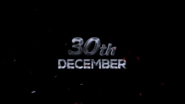 30th December date text on metallic effect with sparks on black background