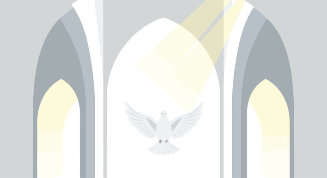 A pristine white dove flies gracefully through the arched interior of a peaceful cathedral while a bright beam of golden sunlight shines from above.