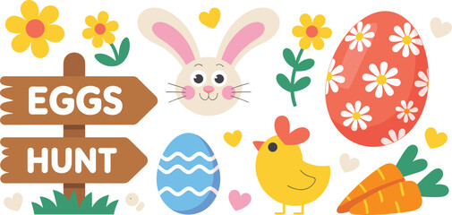 Easter egg hunt vector set featuring wooden direction sign, cute bunny face, baby chick, decorated eggs, and spring flowers isolated on white. © Md
