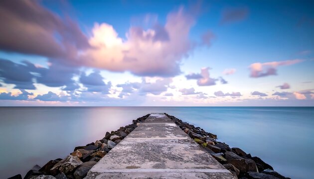 Concrete pier extending into tranquil ocean under a cloudy sky.