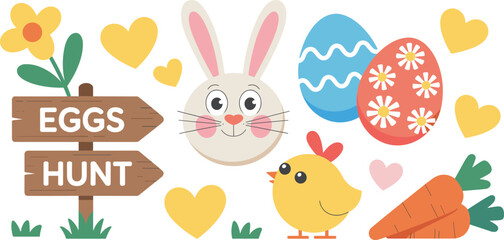 Easter egg hunt vector set featuring wooden direction sign, cute bunny face, baby chick, decorated eggs, and spring flowers isolated on white © Md
