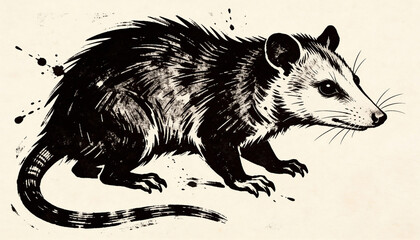 Fototapeta premium An expressive hand-drawn ink illustration of an opossum in profile, featuring bold black brush strokes, intricate fur textures