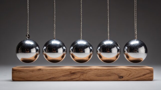 Newtons cradle with metallic balls on wooden base