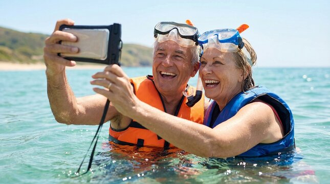 Excited senior couple with joyful mood taking selfie while snorkeling in tropical sea against beach background