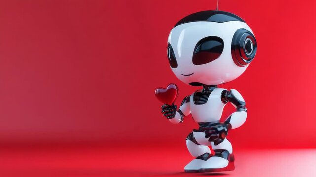Cute robot holding a red heart on a vibrant red background  
