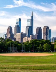 Obraz premium A vibrant shot of a cityscape featuring several towering skyscrapers. Lush green space with a baseball field in the foreground