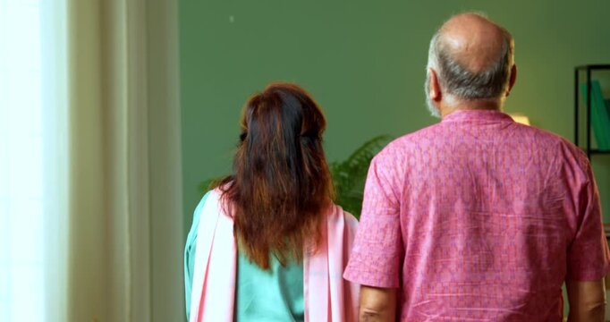 A back-view shot of a senior Indian couple standing in their living room, pointing toward the distance. The retired husband and wife share a moment of planning or admiration at home