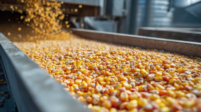 Corn grain falling onto industrial conveyor belt at grain processing facility