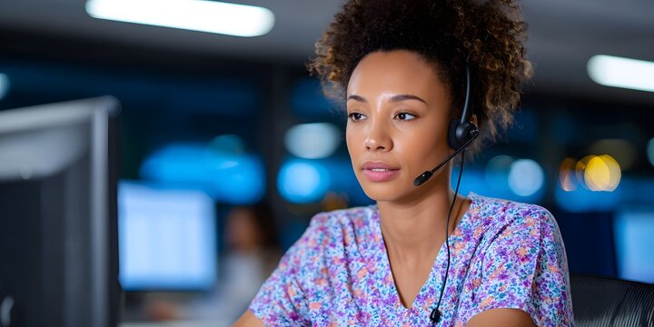 Nurse is answering calls in a health care support center at night