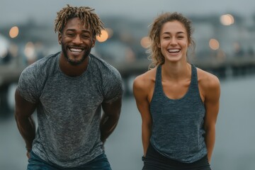 Fototapeta premium Active friends smiling together in comfortable sportswear outdoors