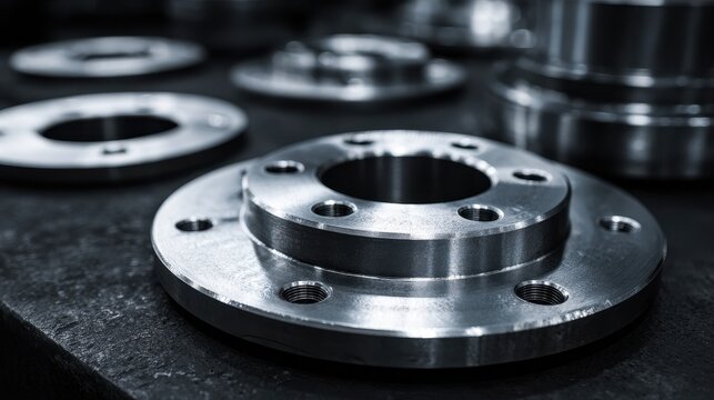 Industrial steel flange component on a metal workshop workbench