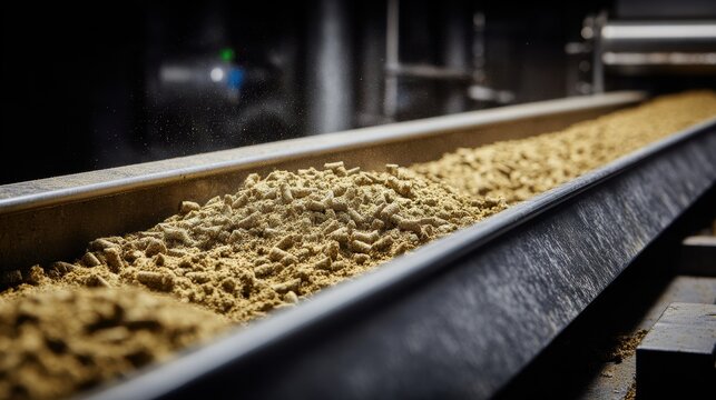 Industrial animal feed production on conveyor belt