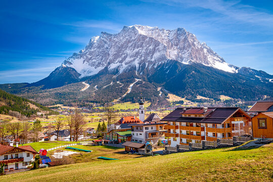 Lermoos in Tyrol in early spring with Zugspitze summit, Austria