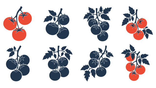 Group of cherry tomato illustrations on the vine shown in solid red colors and dark silhouettes for graphic design.