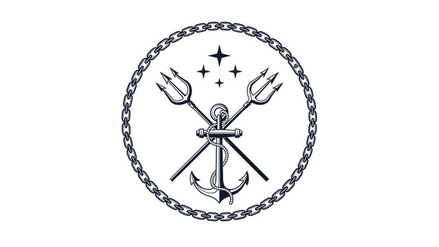 Maritime emblem featuring crossed tridents and an anchor wrapped in rope inside a decorative nautical chain border.