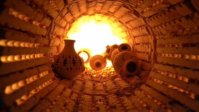 Ceramic pottery in a kiln, firing clay pots with bright fire and earthenware.