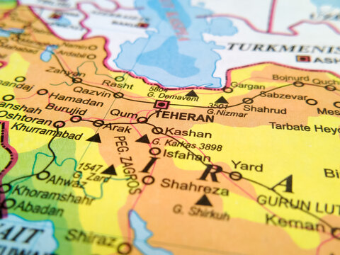 Close-up of an updated section of the Iran map, clearly showing Tehran, Shiraz, and the Zagros Mountains. Ideal for geography and travel themes.