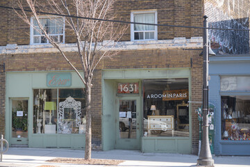 Naklejka premium exterior building facade and shop signs for Belle Epoque Furnishings, an antique furniture store, located at 1631 Queen St W, Toronto