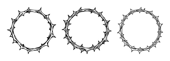 Fototapeta premium Moon set with hand-drawn line art of a crescent moon inside a crown of thorns featuring botanical detail, monochrome style, spiritual symbolism with religious iconography and silhouette