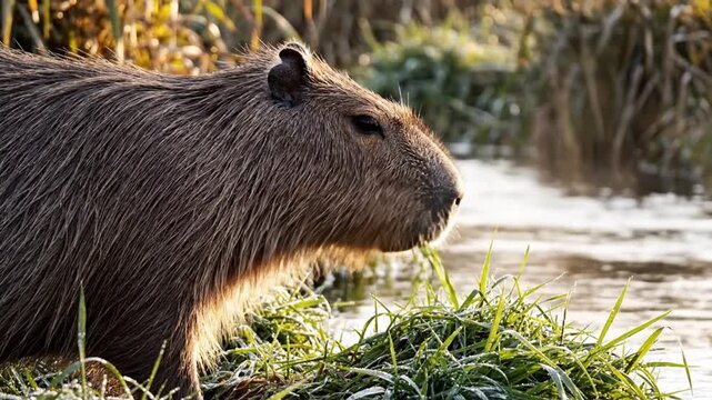 A close-up shot of a capybara calmly eating fresh green grass beside a shallow water body, with natural sunlight highlighting its fur and a soft, blurred background of vegetation.