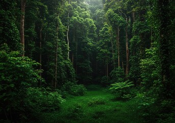 Fototapeta premium Expansive deep jungle wilderness filling the frame with dense green foliage, emphasizing depth and overwhelming natural complexity and scale, atmosphere, dense, depth