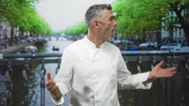 Man chef with grey hair in white jacket gestures with open hands on a street bridge over a canal; uncertainty surprise.