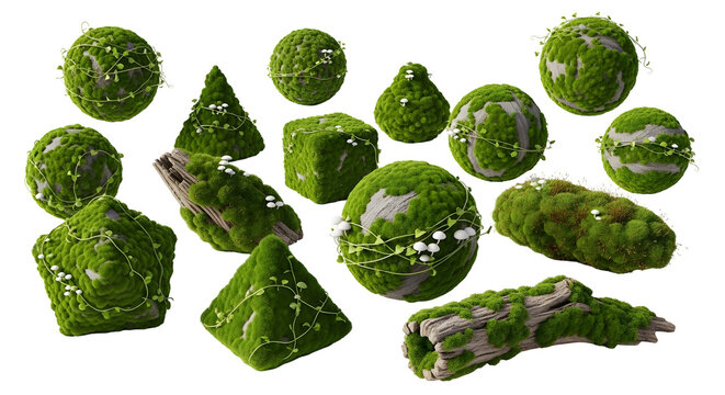 Mossy Nature Objects with Vines and Small Mushrooms