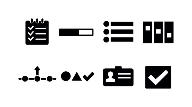 Task tracking system: checklist, progress bar, task list, kanban board, timeline, status indicators, assignment card, completion checkmark.