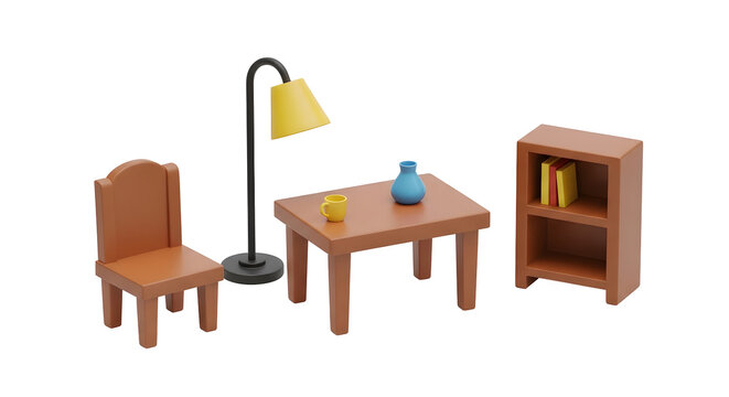 Simple Room Set with Chair Table Lamp Bookshelf