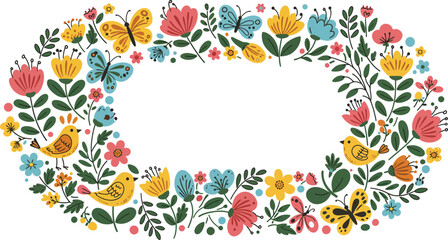 Fototapeta premium Elegant abstract floral frame design featuring a vintage pink flower border with green leaves and butterflies for a nature-inspired invitation card illustration