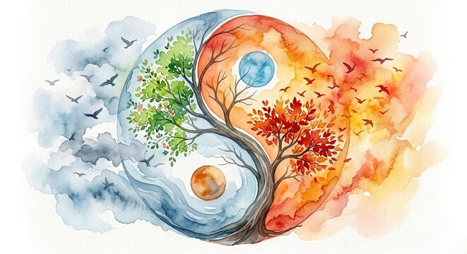 A watercolor yin-yang symbol depicted through fire and water, symbolizing seasonal balance