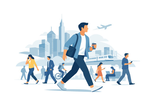 A dynamic urban motion scene where people move through a busy city environment during daily routines, representing modern lifestyle, mobility, and fast-paced urban living