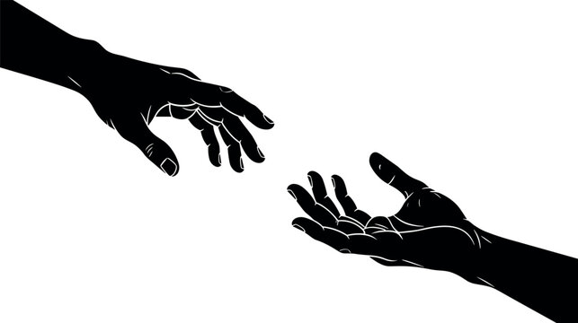 Silhouette of two human hands reaching toward each other symbolizing help connection support and unity in minimal design
