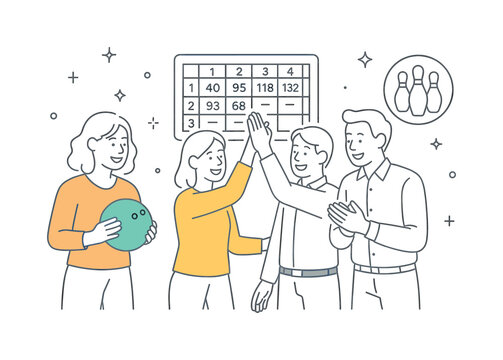 A team bonding scenario where colleagues participate in a bowling game as part of a social outing, illustrated by a small group interacting near a simple scoreboard and