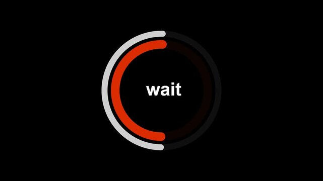 A loading icon with a red and white progress bar on a Transparent  background with the word wait in the center of a circle