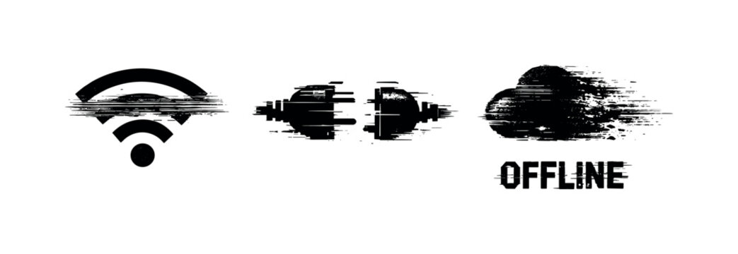 Digital disconnect and offline mode theme, a set of 3 glitch-distorted monochrome objects placed on a perfectly clean white background, each object exhibiting its own