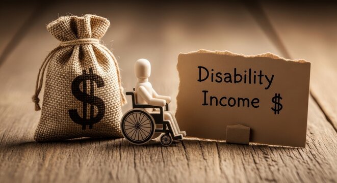 Disability income concept with wooden figure in wheelchair, money bag with dollar sign, financial support for disabled people on rustic wood background